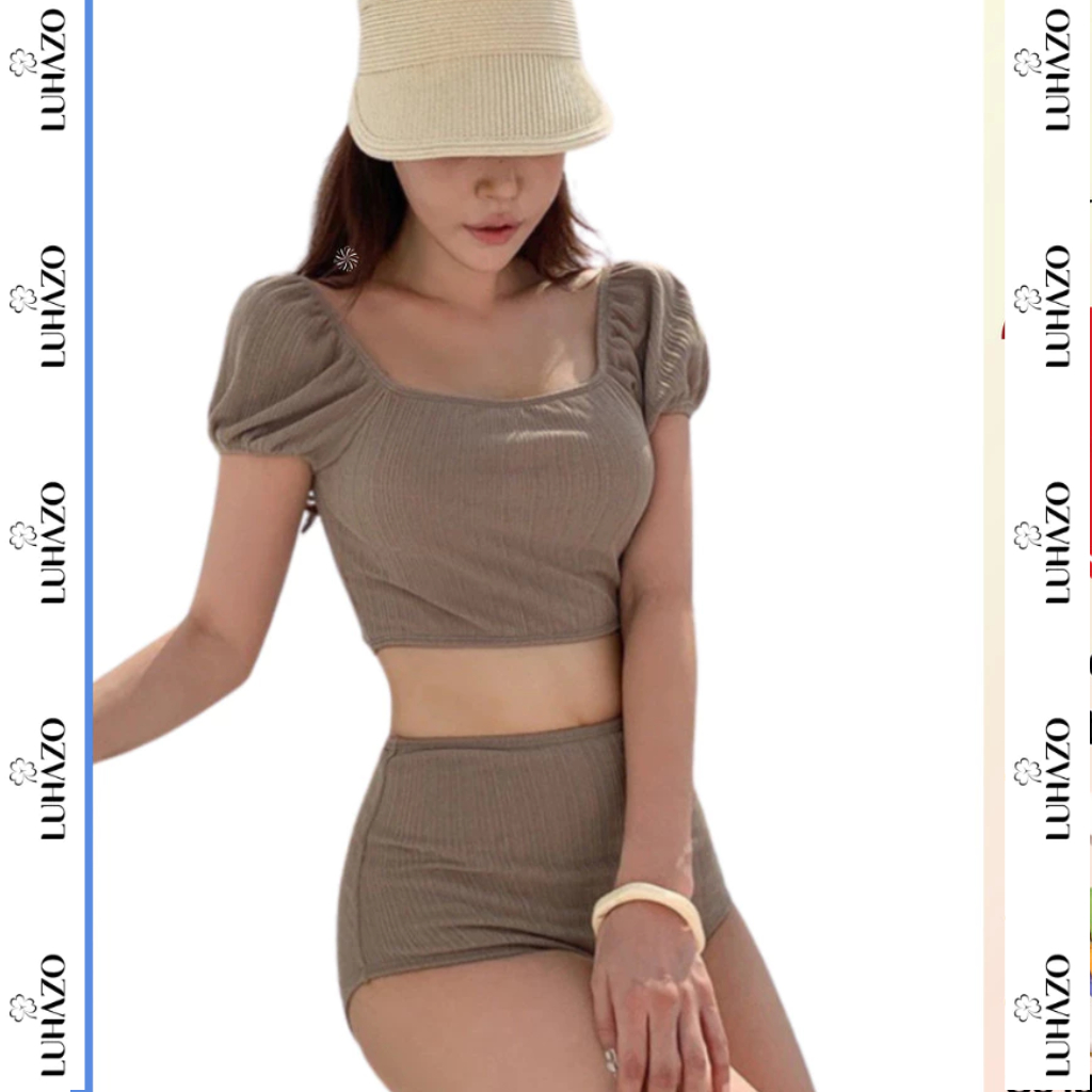 Bikini Đi Biển Nữ 2 Mảnh LUHAZO Áo Croptop Cộc Tay Có Sẵn Mút Ngực Quần