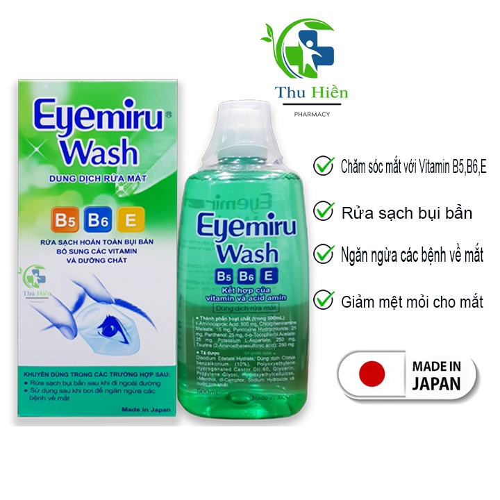 Dung dịch rửa mắt eyemiru wash 500ml, nước rửa mắt nhật bản