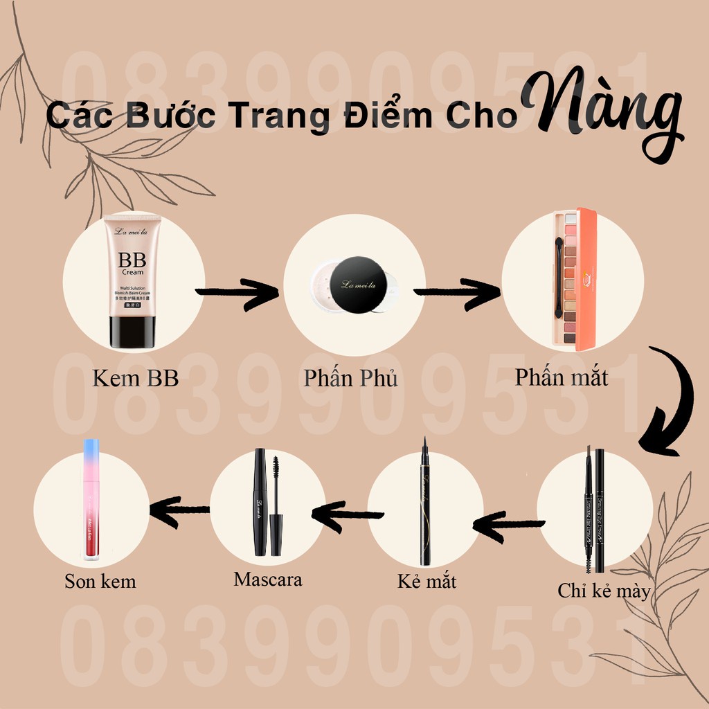 Bộ trang điểm 9 món cá nhân tiện lợi kem nền, trang điểm mắt, phấn mắt, son kem, phấn phủ, phụ kiện Biccosmetic