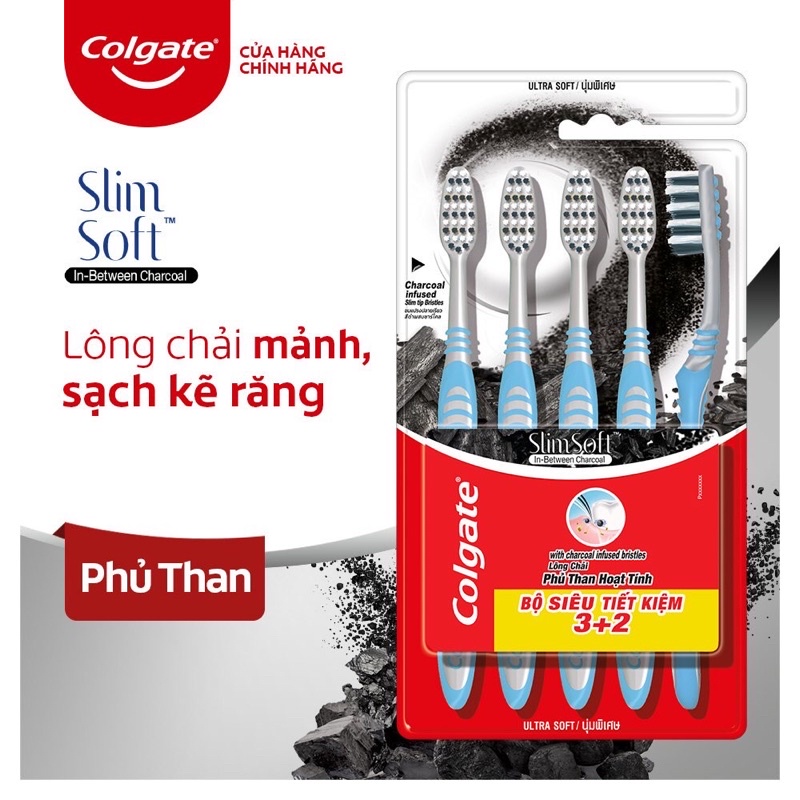 bộ 5 bàn chải colgate than hoạt tính kháng khuẩn slimsoft charcoal/slimsoft between charcoal mềm mảnh