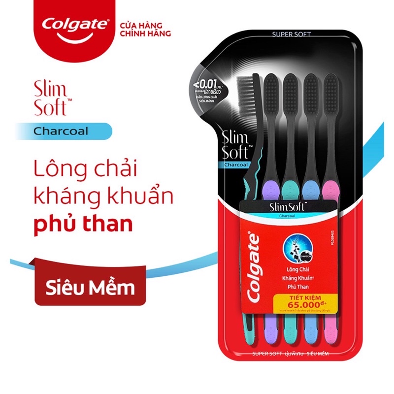 bộ 5 bàn chải colgate than hoạt tính kháng khuẩn slimsoft charcoal/slimsoft between charcoal mềm mảnh