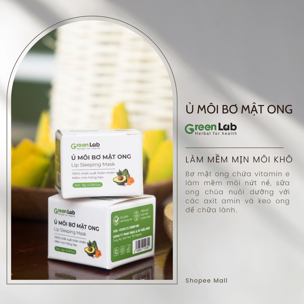 Ủ Dưỡng Môi Bơ Mật Ong GreenLab. Môi mềm mịn, hết khô hết nẻ mang đến môi hồng tự nhiên hũ 8g