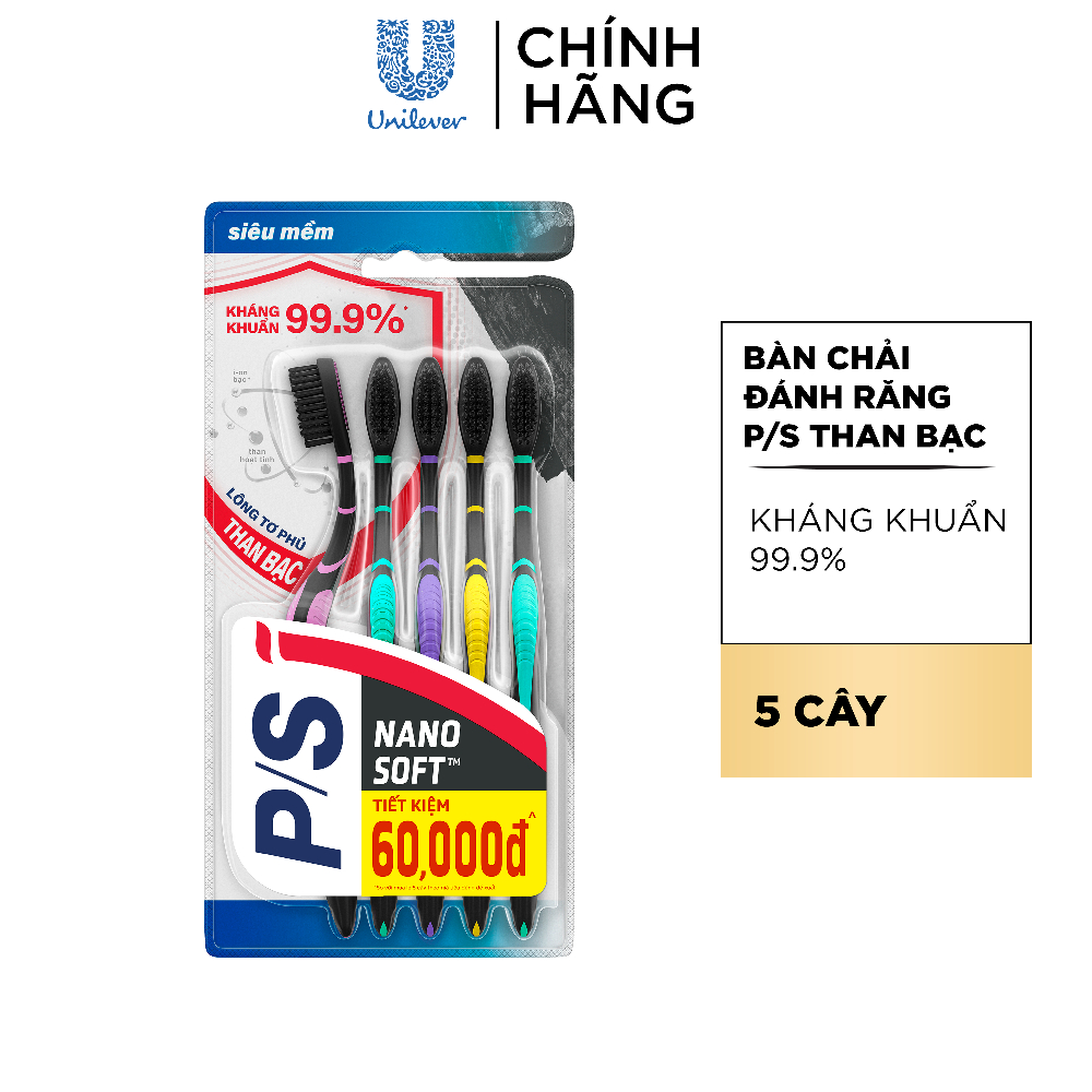 Bộ 5 bàn chải P/S than bạc kháng khuẩn 99.9%