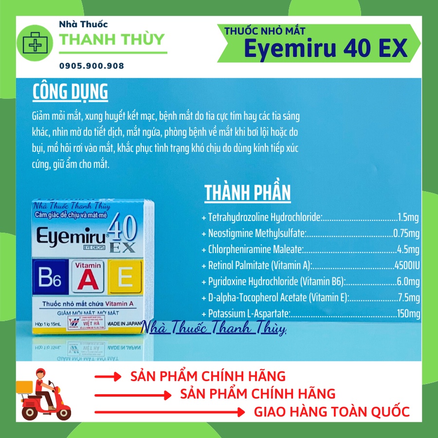 Nước Nhỏ Mắt Eyemiru 40EX Bổ Sung Vitamin A, E, B6 Cho Mắt, Giảm Mỏi Mắt, Mờ Mắt Chai 15ml