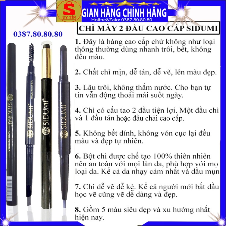 Bút chì kẻ lông mày chân mày 2 đầu phẩy sợi loại tốt Sidumi hàn quốc lâu trôi không thấm nước cho da dầu mụn 3d 4d cứng