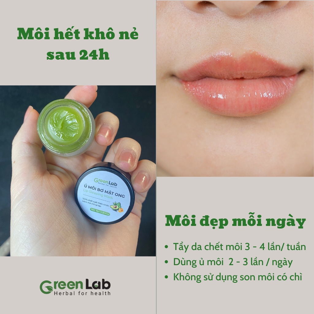 Ủ Dưỡng Môi Bơ Mật Ong GreenLab. Môi mềm mịn, hết khô hết nẻ mang đến môi hồng tự nhiên hũ 8g