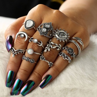 Kra 14 Chiếc Vintage Bạc Mặt Trăng Ngôi Sao Hoa Lá Midi Vintage Nhẫn Ban Nhạc Bộ Bohemian Trang Sức Để Mặc Hàng Ngày