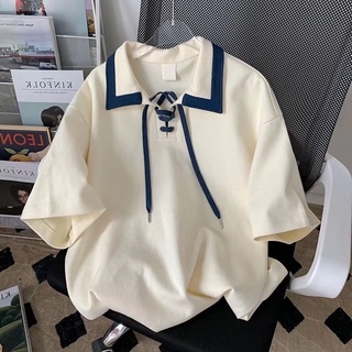 Áo thun ngắn tay cổ POLO phong cách Preppy Áo thun nam dáng rộng hợp thời trang Thiết kế phong cách Hồng Kông Áo sơ mi Polo tay ngắn có dây rút Ve áo hàng đầu
