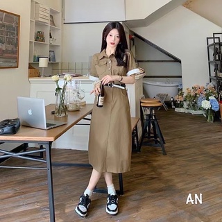 [233] Váy Sơmi Kaki Nâu Cổ Bẻ Tay Phối Trắng Kèm Đai Có Ảnh Thật