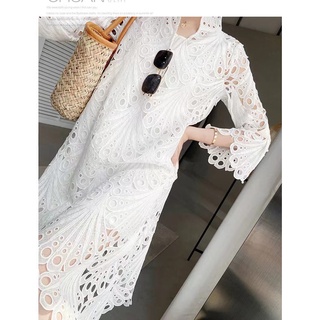 Thời Trang Đầm midi Tay Dài Phối Ren Hoa Phong Cách vintage Cho Nữ Mới