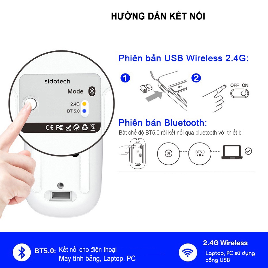 Chuột máy tính bluetooth không dây SIDOTECH INPHIC M1P tắt tiếng chống ồn pin sạc lần laptop tablet mabook văn phòng | BigBuy360 - bigbuy360.vn