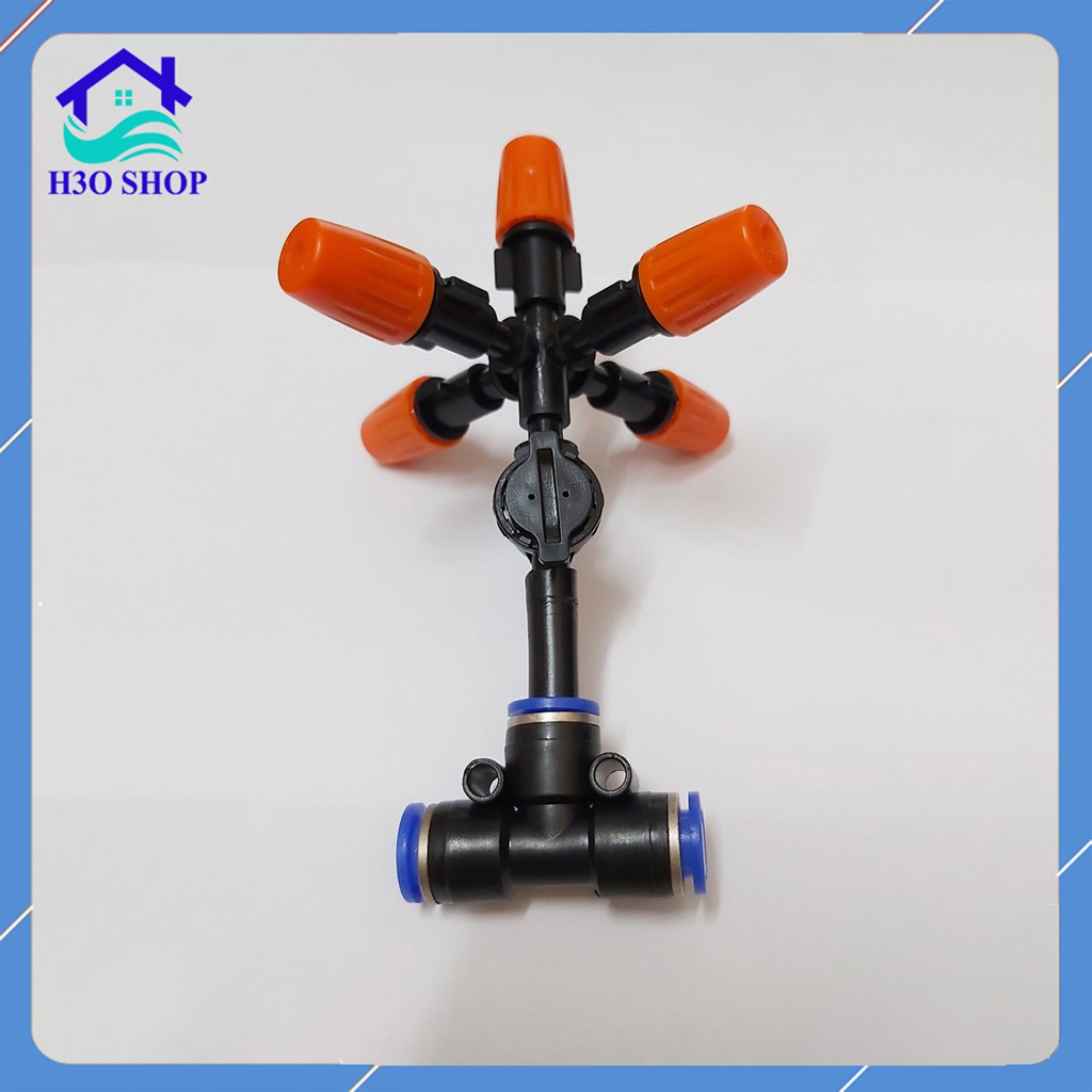 Combo 10 Béc phun sương 5 hướng màu cam cao cấp có van chống rỉ nước kèm chân T ống 8mm- Tưới Phun Sương