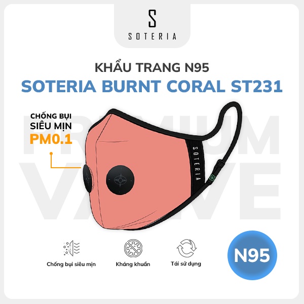 Khẩu trang thời trang SOTERIA Burnt Coral ST231 - N95 lọc hơn 99% bụi mịn 0.1 micro - Size S,M,L