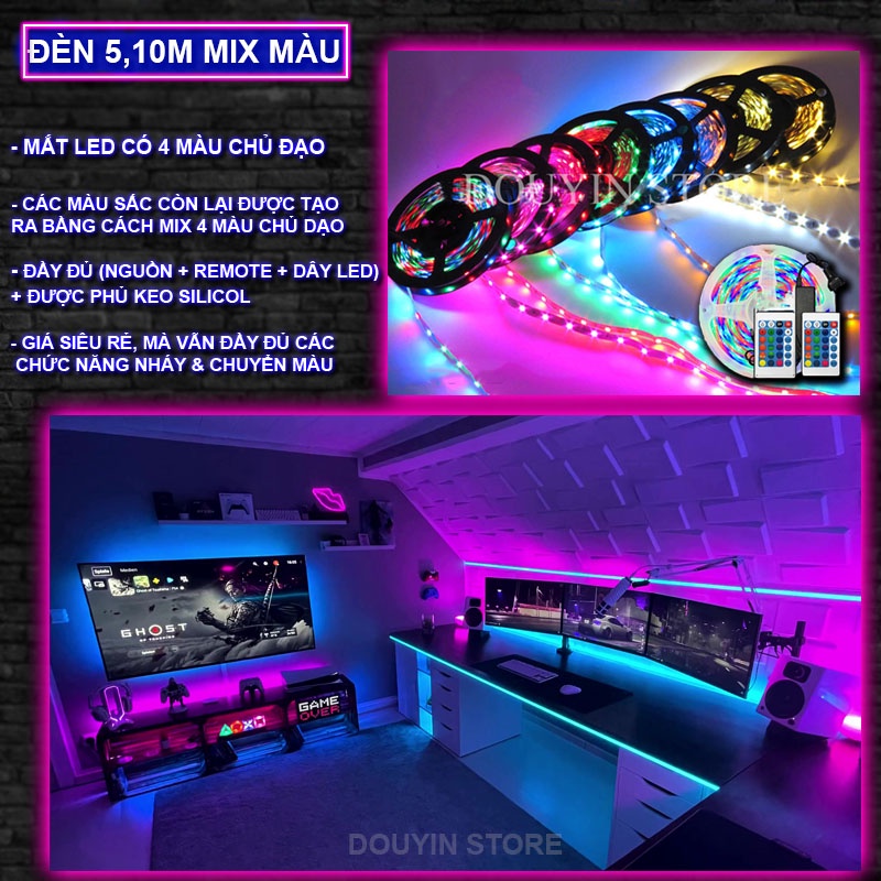 Dây Đèn led RGB 16 triệu màu 5m, 10m, nháy theo nhạc, app điện ...