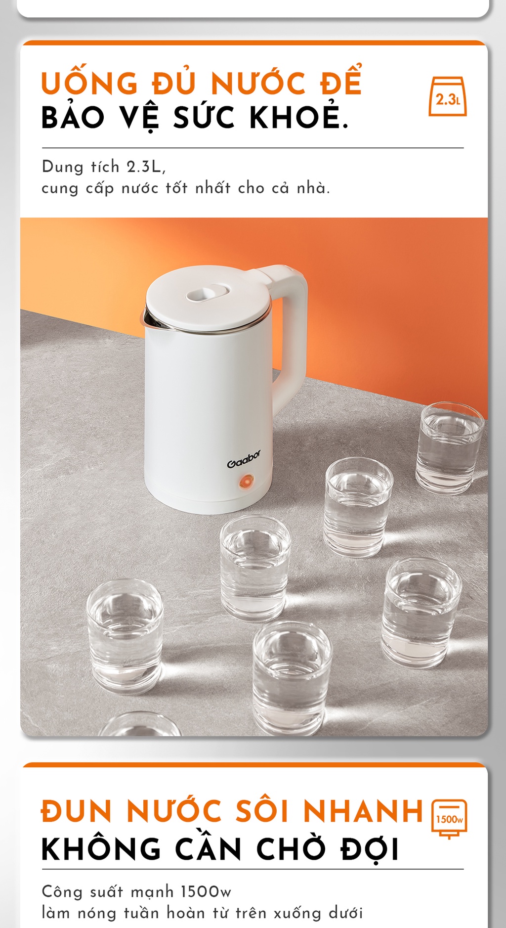 Mô tả Bình đun siêu tốc Gaabor EK20M-WH02A dung tích lớn 2L công suất 1500W chất liệu inox sôi nhanh dễ vệ sinh - 7