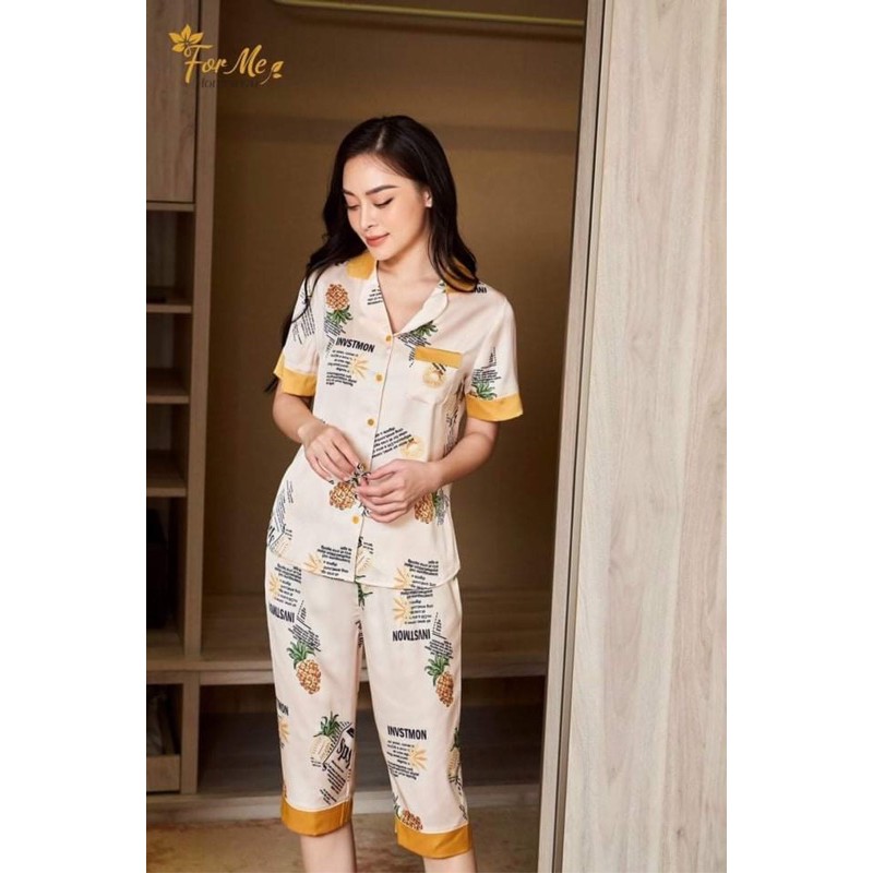 Bộ đồ ngủ,mặc nhà Pyzam lửng hoạ tiết chữ chất liệu lụa giấy cao cấp Luxury hãng forMe
