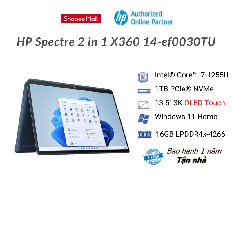 [Mã ELHP2TR5 giảm 12% đơn 18TR] Laptop HP Spectre x360 14-ef0030TU 6K773PA (Core i7-1255U | 16GB | 1TB | Cảm Ứng )
