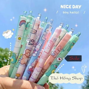 ✨ Combo 3 Bút Bi Bấm Mực Đen – Trơn Đều – In Hình Dễ Thương – Thỏ Hồng VPP ✨