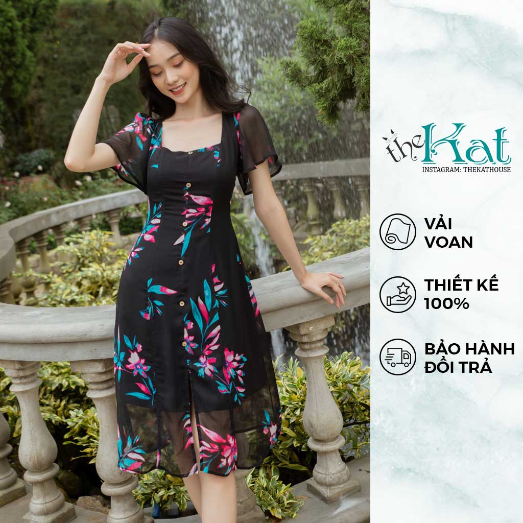 Đầm Cổ Vuông Xẻ Tà Giữa The Kat House, vải voan gân hàn 2 lớp, tay phồng cực xinh, mát mẻ, thoải mái