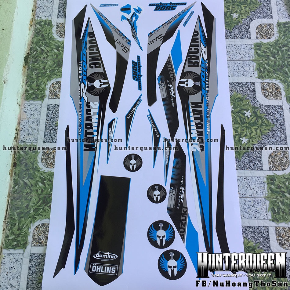 Tem rời dán xe Raider Xăng Cơ màu xanh ngọc. Decal cao cấp không bay màu. Chủ đề Spartan