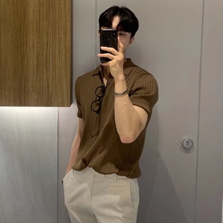 Hàn Quốc Hàn Quốc Ice Silk Chất Lượng Cao Áo Sơ Mi POLO Mùa Hè Phiên Bản Hàn Quốc Slim-fit Nam Ice Silk Tay Ngắn Áo Sơ Mi Polo Ánh Sáng Anh Sang Trọng Nam Sọc Dệt Kim Ve Áo Thun