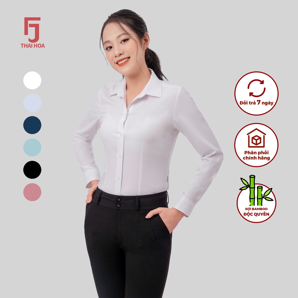 Áo sơ mi nữ R11 dài tay tinh chất sợi tre vải xước form ôm Thái Hòa dài tay nữ cổ Đức