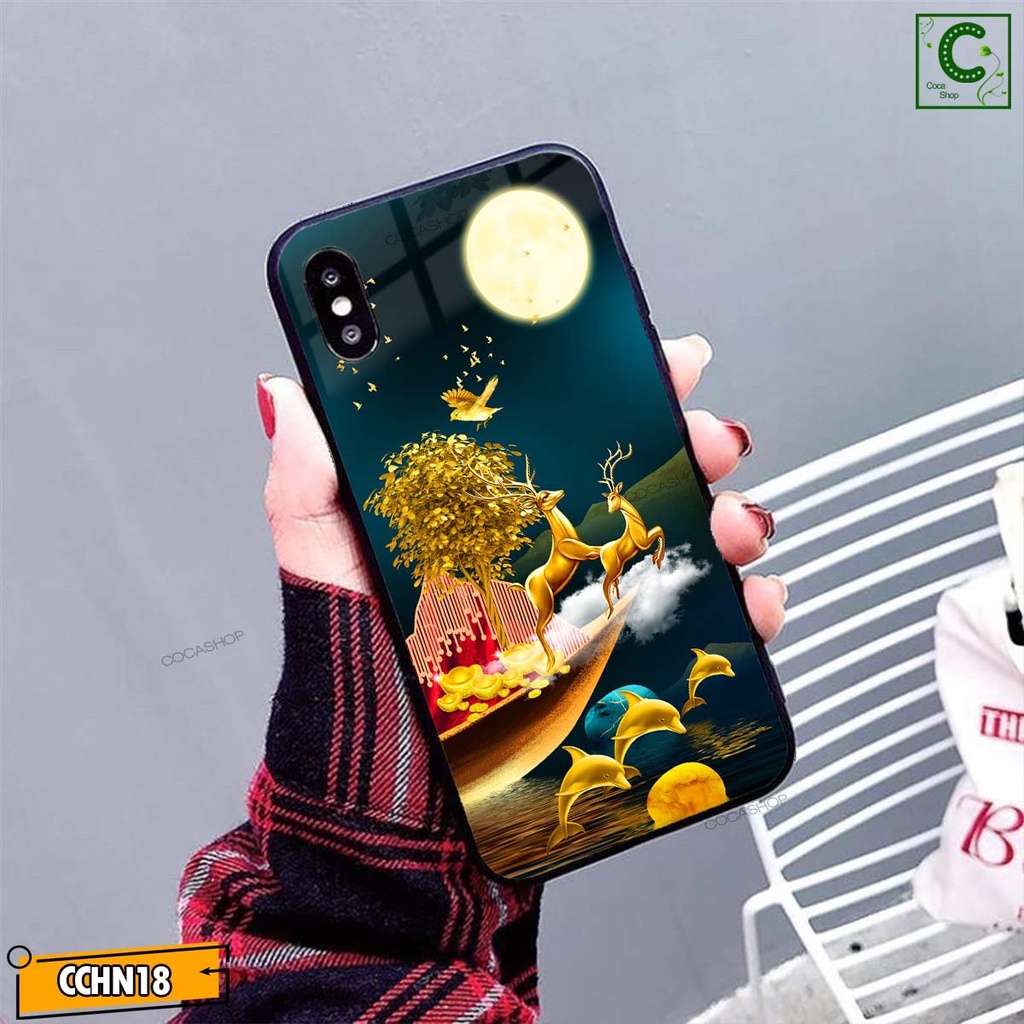 Ốp lưng iphone mặt kính cao cấp  - Đôi hươu vàng may mắn chơi trăng  - 6/6plus/6s/6splus/7/7plus/8/8plus/x/.....