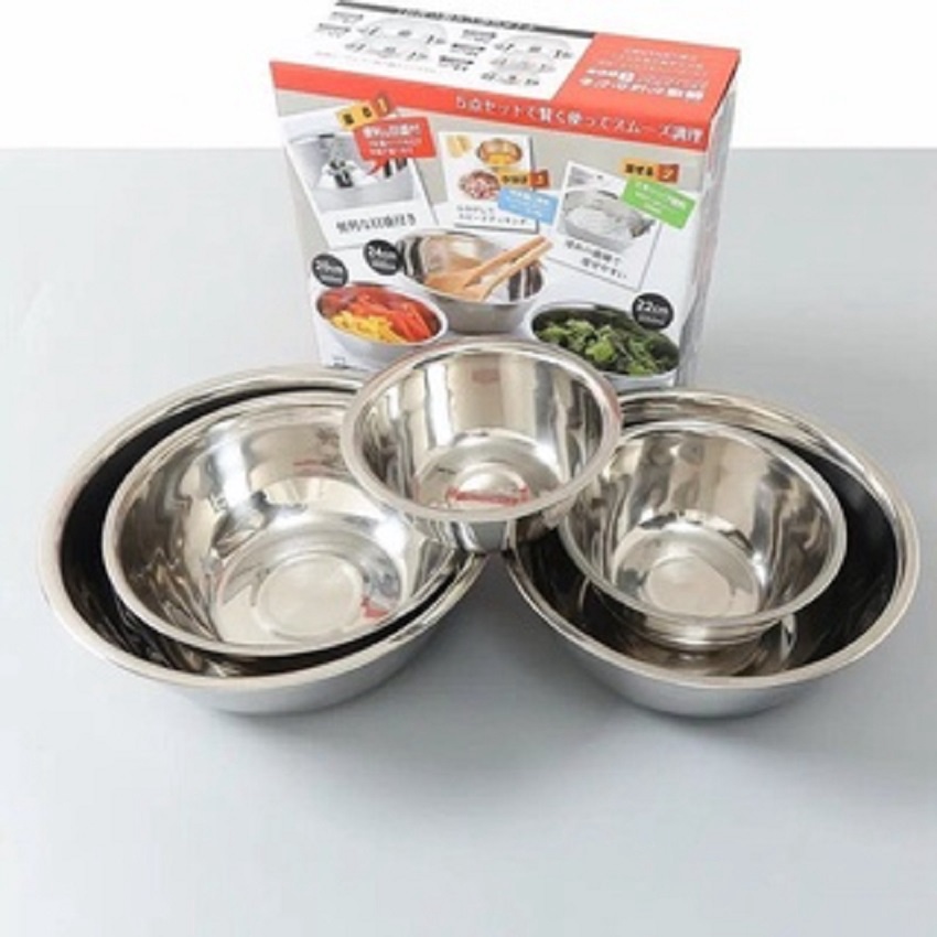Bộ 5 thau Inox Nhật Bản có vạch chia - chậu rửa rau củ quả nhà bếp cao ...