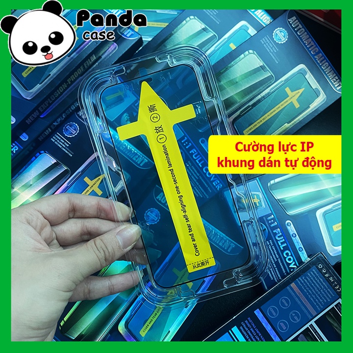 Kính cường lực iphone khung dán tự động, tự dán tại nhà cực dễ dàng, viền đen mỏng, chống bám bụi khi dán -Panda Case