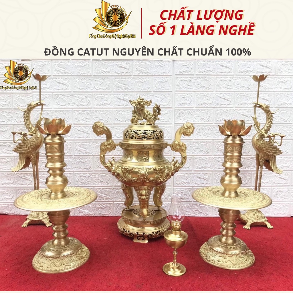 Bộ Đỉnh Đồng Catut Tam Sự Đủ Kích Thước 45, 50, 60 Đồng Nguyên Chất 100% Liền Nguyên Khối Đồ Đồng Đại Bái Freeship