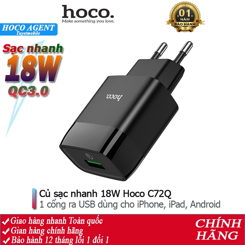 Củ sạc nhanh Hoco C72Q cổng USB 18W, QC3.0 cóc sạc dùng cho iPhone ...
