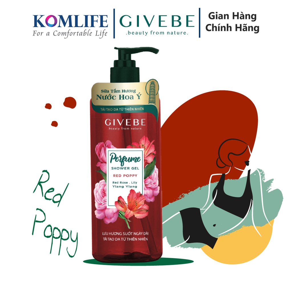 Sữa tắm GIVEBE Đỏ Red Poppy 700ml hương nước hoa Ý tái tạo làn da, mềm mại, sạch mụn