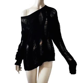 Áo Sweater Đen Tay Dài Thiết Kế Rách Phong Cách Gothic Punk Cổ Điển