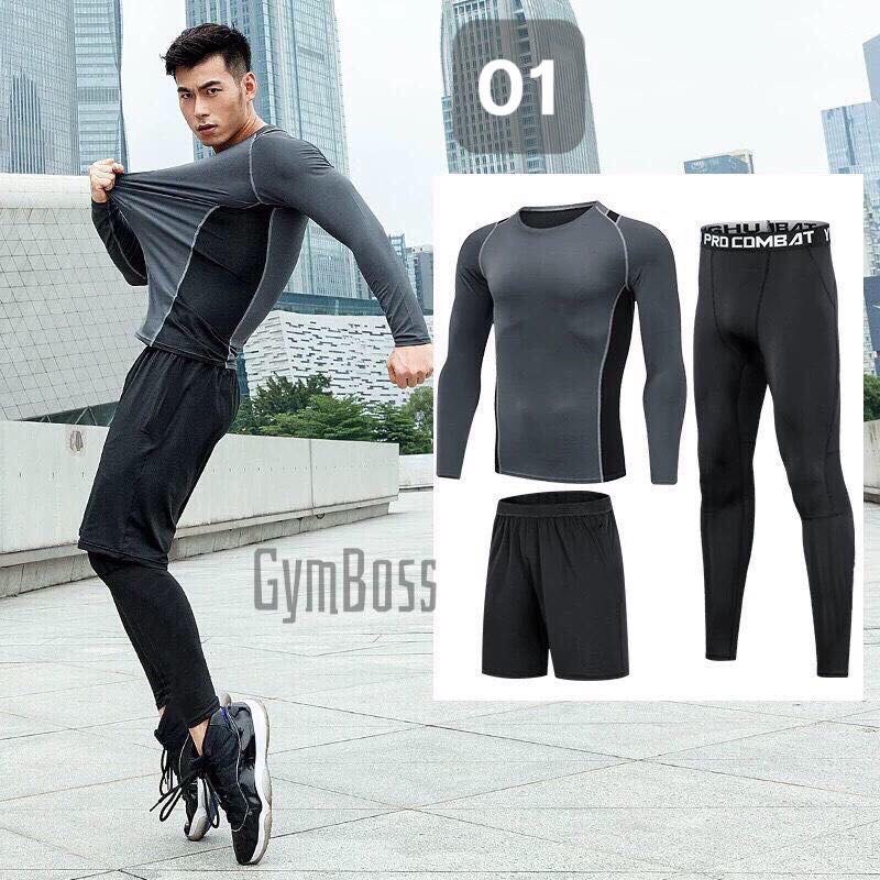 Bộ quần áo giữ nhiệt body procombat,chất thun polyester elastane mềm mịn,giữ ấm tập gym,chạy bộ thể thao 3 in1