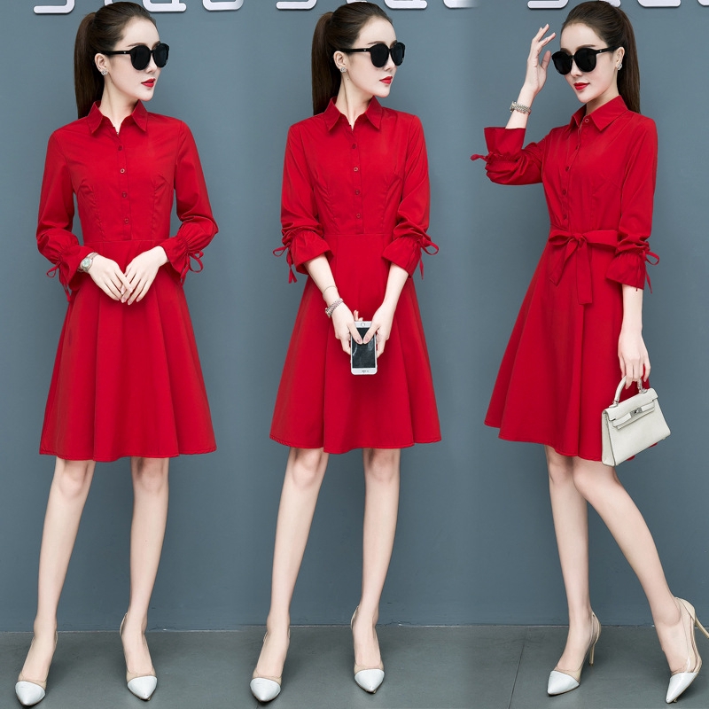 Đầm Midi Dài Đến Đầu Gối Tay Dài Màu Đỏ / Vàng / Đỏ / Xanh Navy Mới Cho Nữ ❀Áo Kiểu Màu Đỏ Thời Trang Trẻ Trung ❀Màu Vàng ❀Áo Thun Đen In Hình Độc Đáo Cá Tính