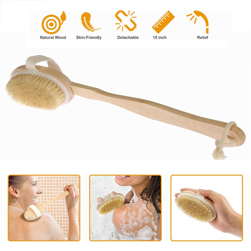 Bàn chải tắm mặt sau Scrub Bath Body Wood Làm sạch tay cầm dài Tự nhiên