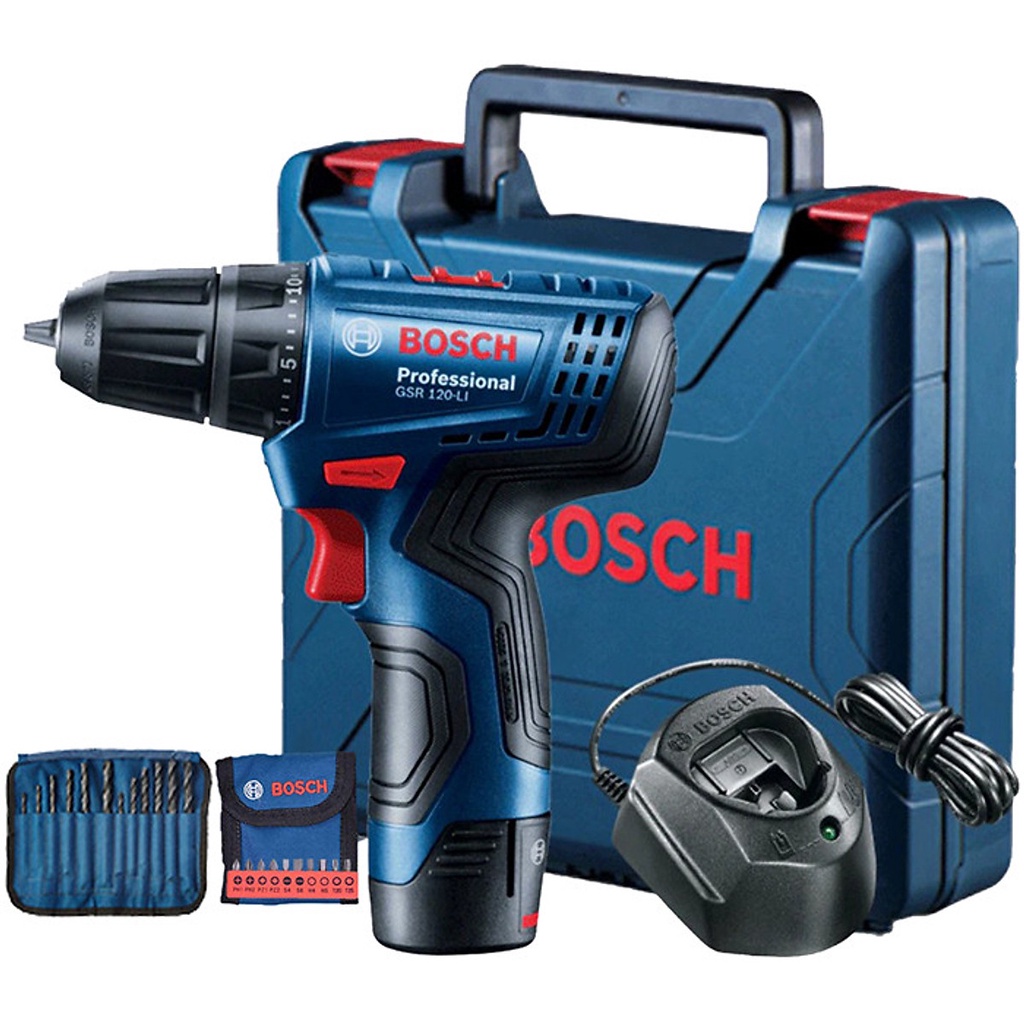 Máy Khoan Vặn Vít Dùng Pin Bosch GSR 120-LI (1 Pin, 1 Sạc) có kèm mũi khoan mũi vít