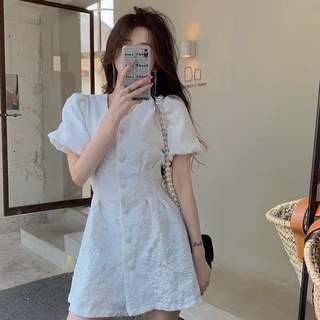 Váy xốp gấm Forgirl basic cổ V tay bồng hở lưng phối cúc ngọc phong cách Hàn quốc