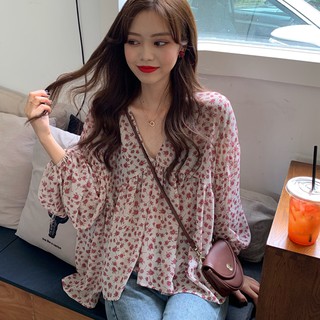 Phong cách hàn quốc phụ nữ phụ nữ voan hoa áo sơ mi baju wanita lengan panjang