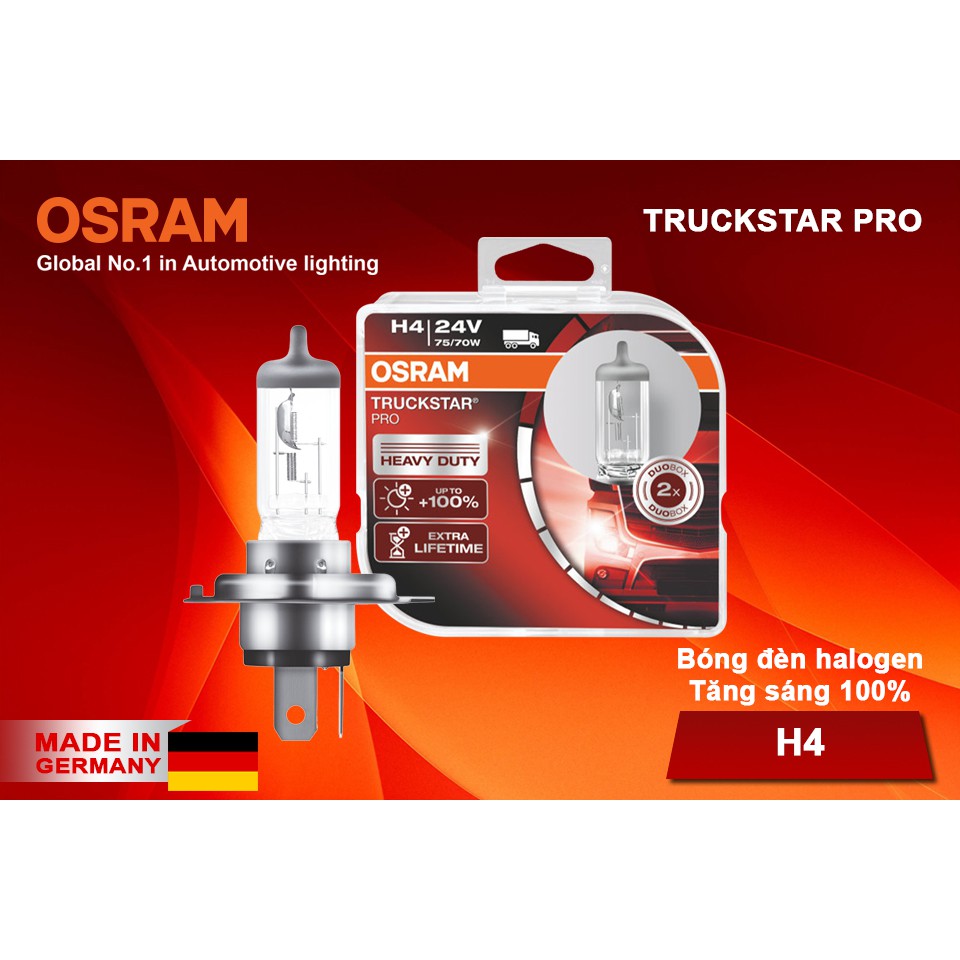 Combo 2 Bóng Đèn Halogen Tăng Sáng 100% OSRAM Truckstar Pro H4 24V 75/70W