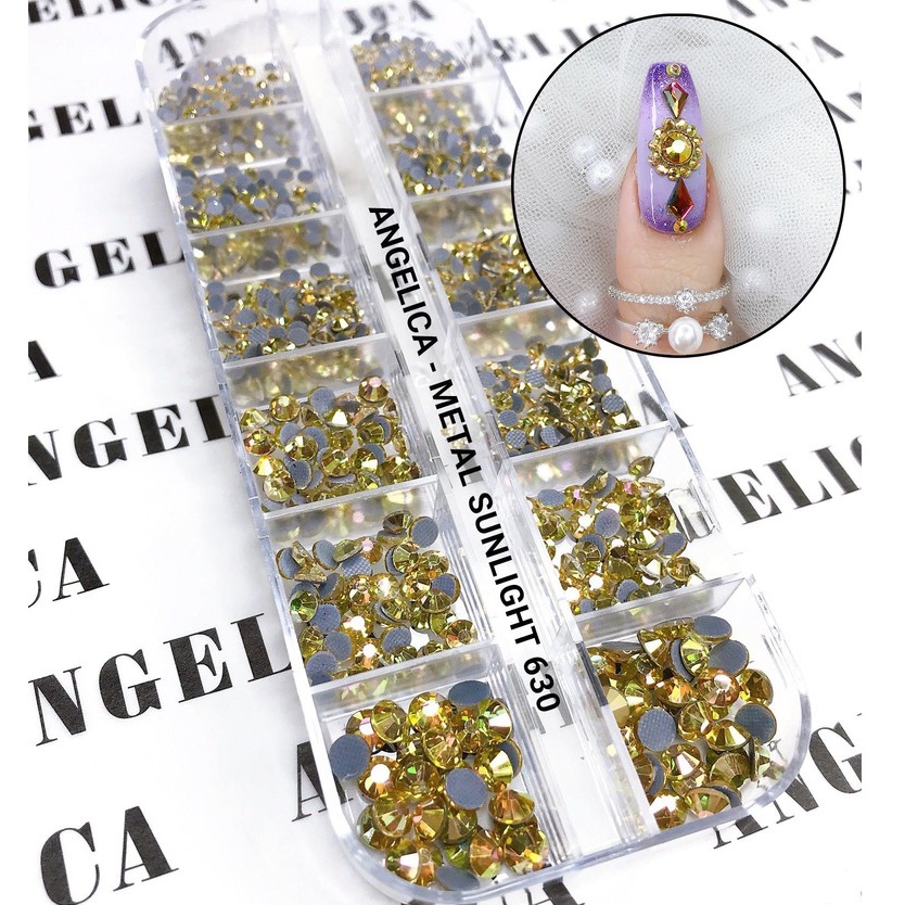Đá chân lưới nail 12 khía vàng gold ánh hồng Metal Sunlight đính trang trí móng ANGELICA 630