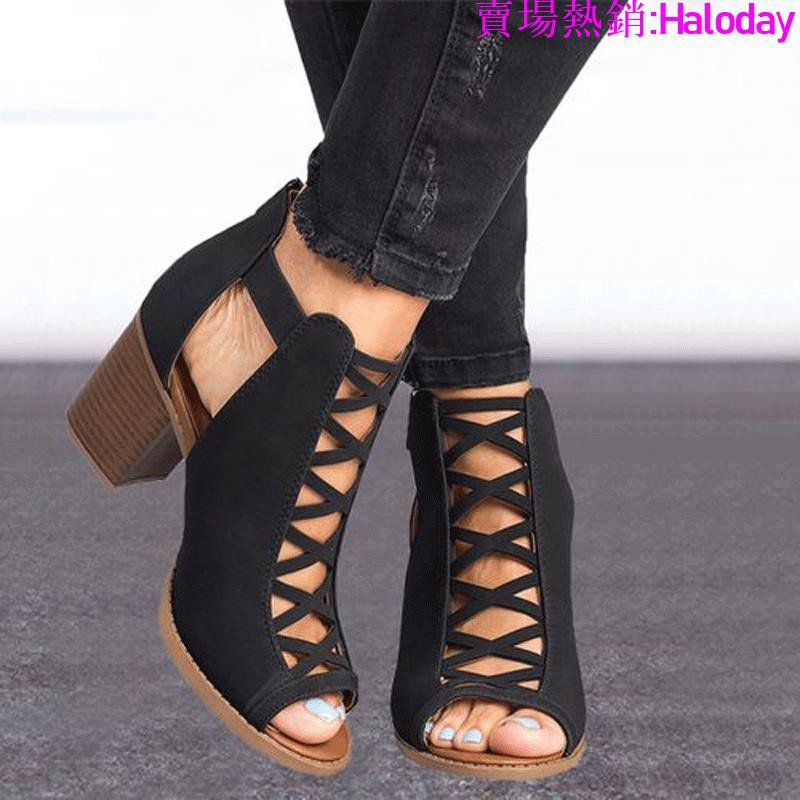 Size Lớn 35-43✨2021 Chunky Gót Cao Gót La Mã Miệng Cá Rỗng Kích Thước Lớn 35-43 Khóa Dây Đeo Dép Thoải Mái Chuyên Nghiệp OL Giày Nữ Công Sở Thời Trang Hợp Thời Trang