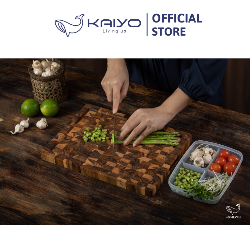 Thớt thái gỗ teak đầu cây KAIYO loại chữ nhật, tròn và oval, chống ẩm mốc tốt