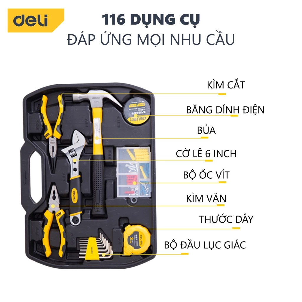 Bộ Dụng Cụ Sửa Chữa Nhiều Chi Tiết Deli Cao Cấp Hộp thùng đồ nghề đa năng - Công cụ toàn diện
