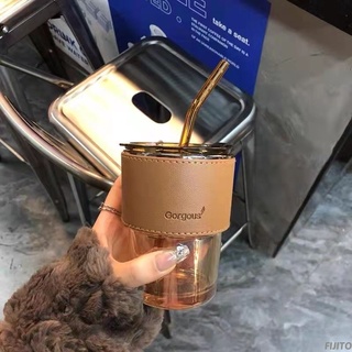 Cốc thủy tinh GorGous 450ml bọc da có nắp và ống hút - pha sữa, cafe sang chảnh chống bỏng