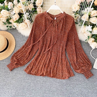 Phong cách hàn quốc nữ voan hoa dài tay áo baju baju wanita lengan panjang