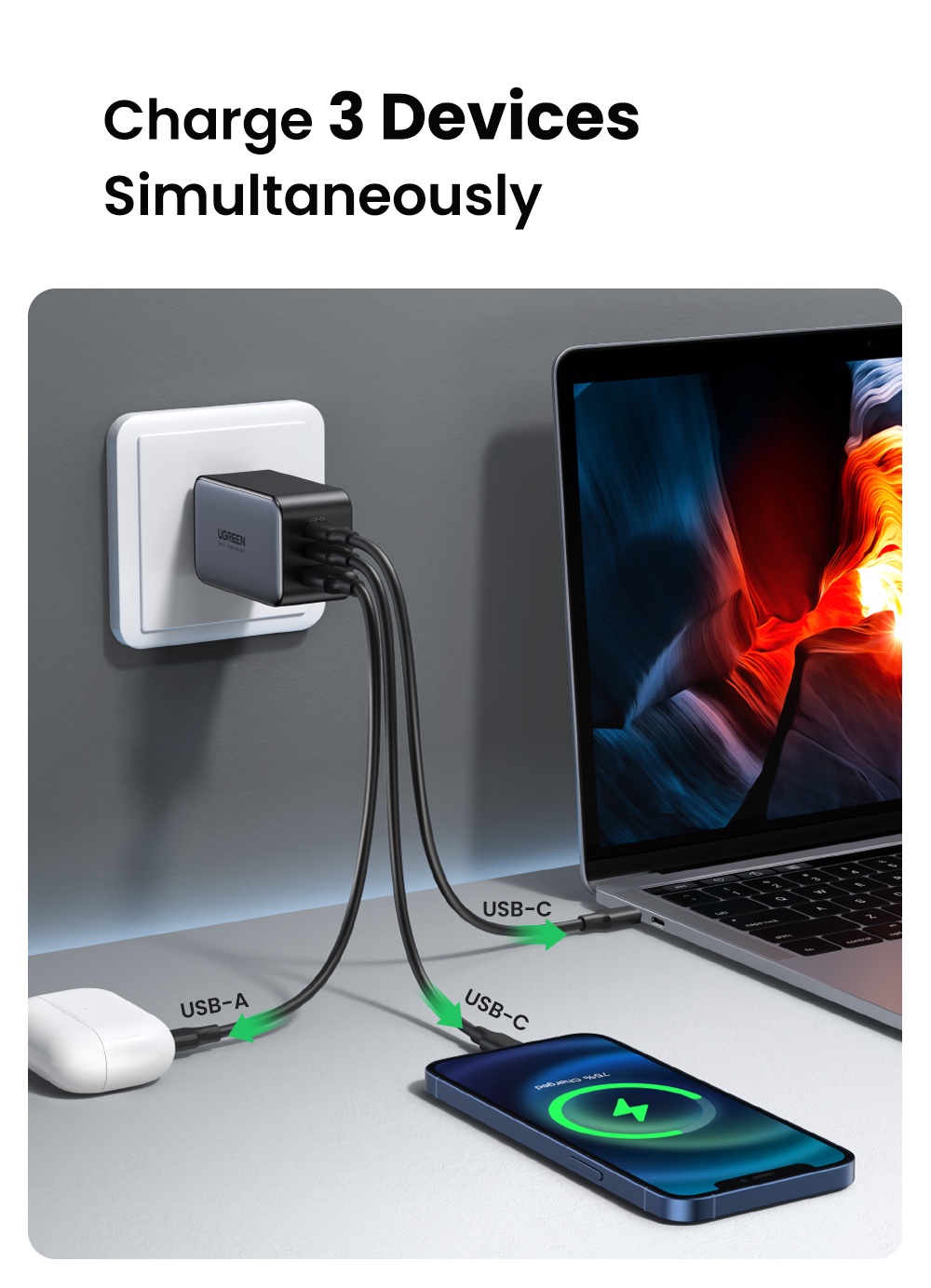 Cốc sạc nhanh UGREEN GaN 65W QC4.0 QC PD3.0 PD USB-C Type C USB thích hợp cho iPhone 13 Pro Max Macbook Samsung S23 S24Urtra – ảnh mô tả chi tiết 3