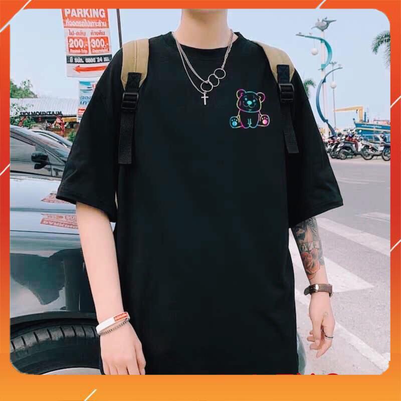 Áo thun tay lỡ phản quang phông Unisex nam nữ Cotton oversize đến 75Kg form rộng hình gấu Love & Peace AP 876