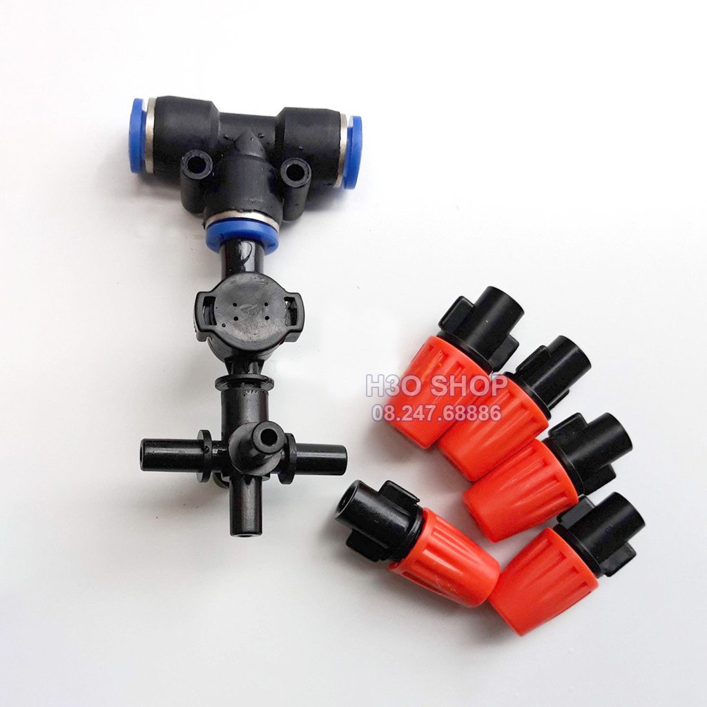 Béc Phun Sương 4 Hướng Cam Gắn Tê 8mm Kèm Van Chống Rỉ