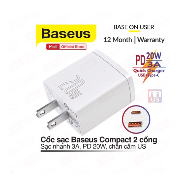Ảnh Củ sạc nhanh Baseus Compact Quick Charger PD 20W 2 cổng ( USB + Type C Dual Port, QC 3.0, chân cắm US ) nhỏ gọn 1